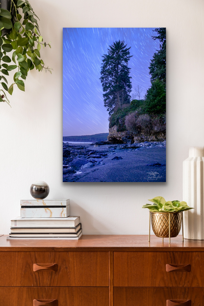 Vertical sombrio beach night photography canvas hangs in a living room. Artwork by Shel Neufeld, Canadian landscape and nature photographer. 
