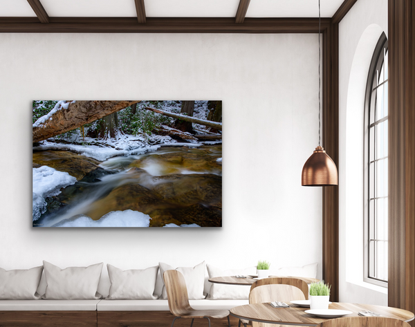 A large photography wall art hangs in a living room. The wall art contains icy water flowing over a rockbed in a winter forest. Photography by Shel Neufeld. 