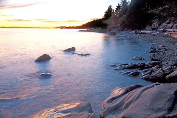 Magical light Henderson Beach, Roberts Creek, BC - Landscape Coastal Photograph by Shel Neufeld of Canada