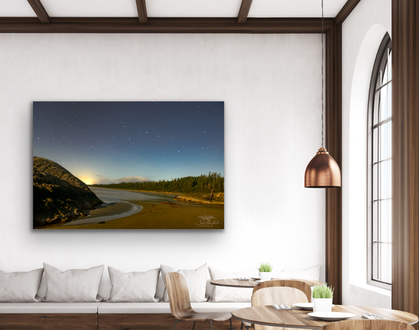 Green Point Long Beach, Tofino photography canvas hangs in a living room scene. Artwork by Shel Neufeld, Canadian landscape and nature photographer.
