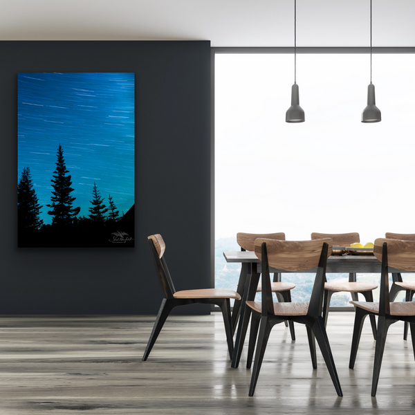 A large photography canvas is hung in a living room scene. The artwork is a photograph of a starry night sky with trees in the foreground, captured by Shel Neufeld of Roberts Creek, BC, Canada.