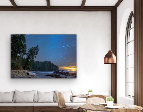 Sombrio Beach Astrophotography Canvas Wall Art hangs in a living room. Photography by Shel Neufeld from Roberts Creek, BC, Canada. 