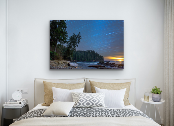 Sombrio Beach Astrophotography Canvas Wall Art hangs in a bedroom. Photography by Shel Neufeld from Roberts Creek, BC, Canada. 