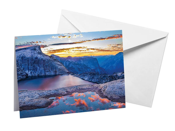 Beautiful mountain lake sunset photography blank greeting card. Made from recycled cardstock by Shel Neufeld. 