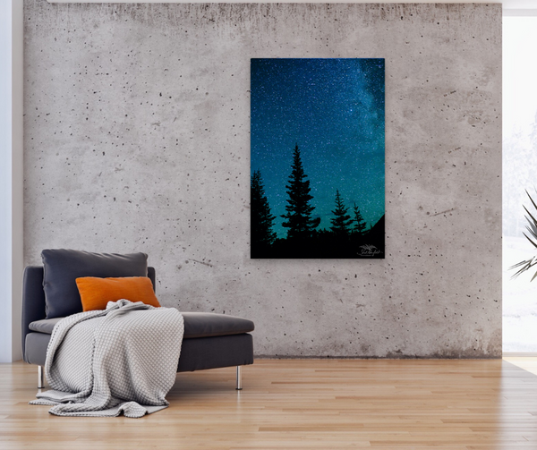 Celestial photography canvas print hangs in a living room scene. Artwork by Shel Neufeld from Roberts Creek, BC, Canada.