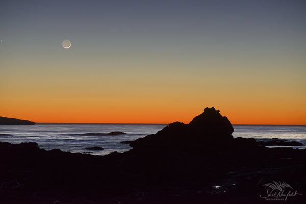 Sombrio Beach Sunset photography with moon overhead by Shel Neufeld, nature and wildlife photographer. 