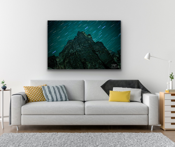 Mt Athelstan is captured at night with star streaks. Available as a canvas or print, in a variety of sizes. Artwork by Shel Neufeld, Canadian nature photographer. 