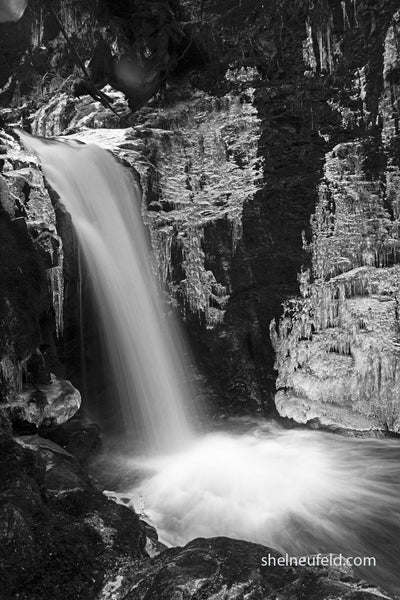 black and white waterfall photography by Shel Neufeld