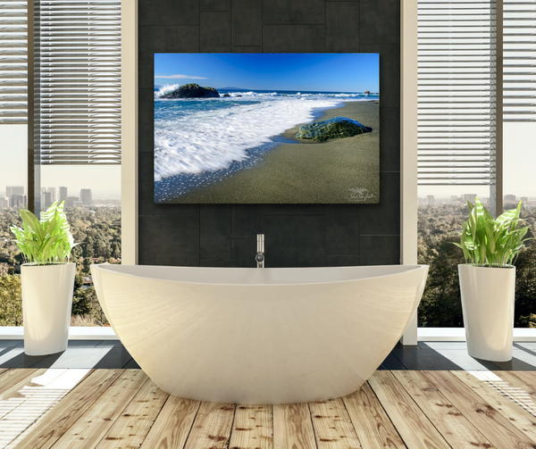 Coastal landscape photography canvas by Shel Neufeld hangs in a bathroom decor. The photography canvas is also available as a print and in a variety of sizes.