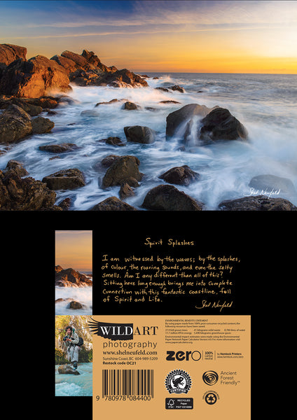 Ocean Landscape photography blank greeting card featuring a rocky coastline with waves splashing and a sunset in the distance. Artwork by Shel Neufeld, Canadian photographer. 