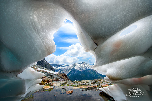 Ice Cave and Mountain Landscape captured by Shel Neufeld, West Coast photographer.
