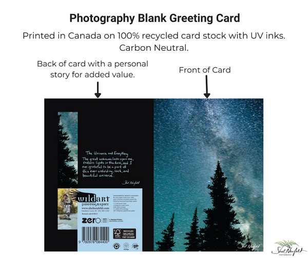 Milky Way Starry Night Astrophotography blank greeting card by Shel Neufeld. On the back of the card, as added value, Shel offers a story about his connection to the photograph.