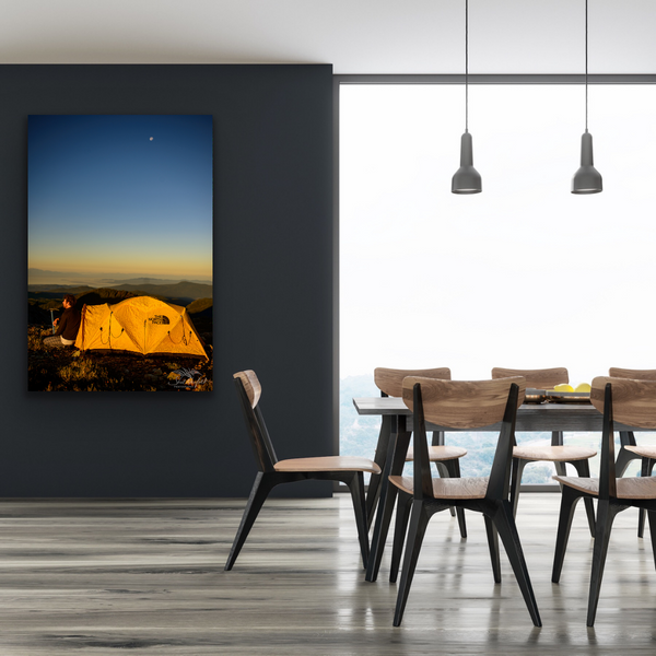 Mountain adventure photography canvas hangs in a dining room. Artwork by Shel Neufeld, from Roberts Creek, BC, Canada.