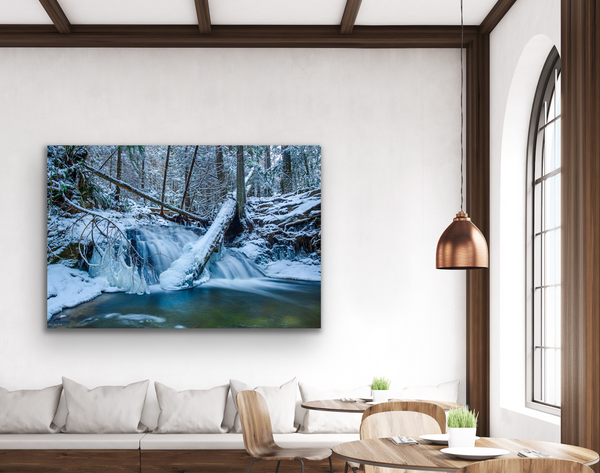 A large nature wall art photography print hangs in a living room. The photograph contains an icy waterfall in a winter forest. Captured by Shel Neufeld from Roberts Creek, BC. 