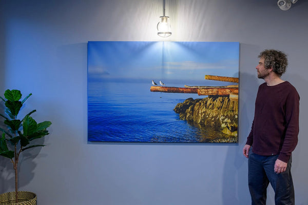 Photographer Shel Neufeld admires his large photography canvas. This piece was commissioned for a housing project on the Sunshine Coast. 