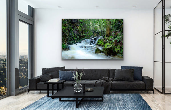 Forest landscape photography canvas hangs in a living room above a dark couch. Photography by Shel Neufeld, Canadian landscape and nature photographer. 