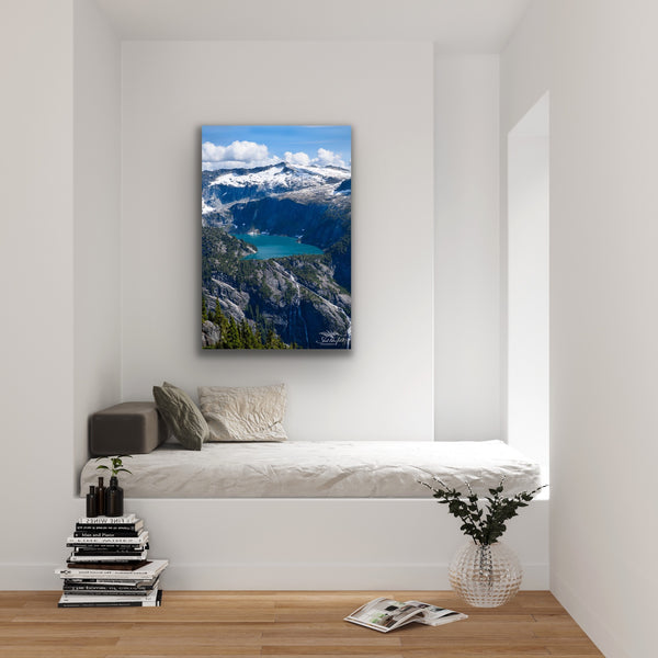 Daniel Lake Vertical Photography Canvas hangs in a den. Photography by Shel Neufeld, Canadian landscape and nature photographer. 