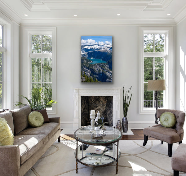 Vertical mountain scene canvas wall art hangs in a living room. Photography by Shel Neufeld, Canadian landscape and nature photographer. 
