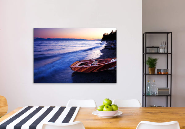 Wooden boat on beach with sunset, Canvas Fine Print in Dining Room - orange, blue and pink sky - Nautical photography by Shel Neufeld, Canadian nature Photographer