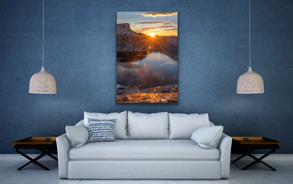 Vertical Nature landscape canvas hangs in a living room with dark blue walls. Artwork by Shel Neufeld.