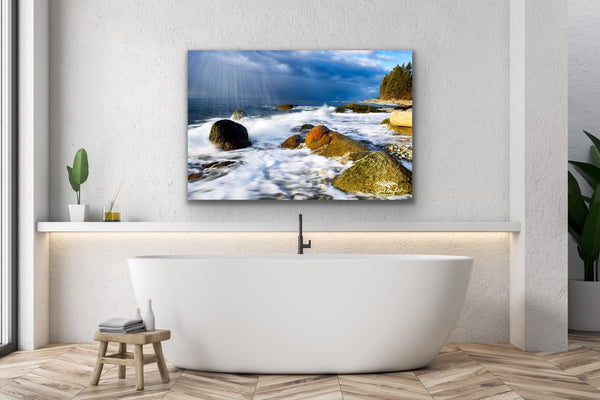Coastal Landscape Canvas hangs above a soaker tub in a bathroom. Nature artwork by Shel Neufeld.