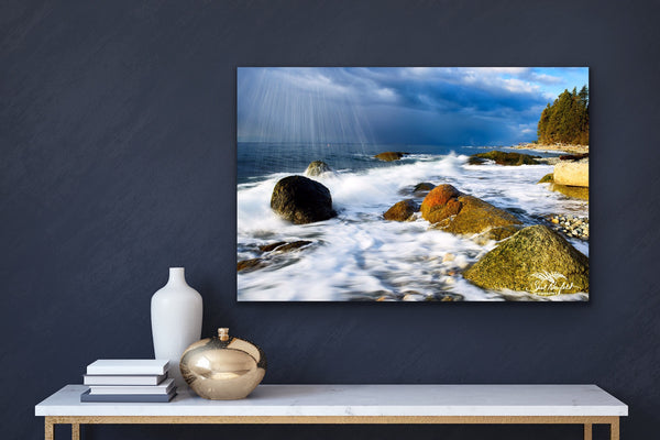 Beach Landscape Canvas hangs in a living room. Photography by Shel Neufeld from Roberts Creek, BC, Canada.