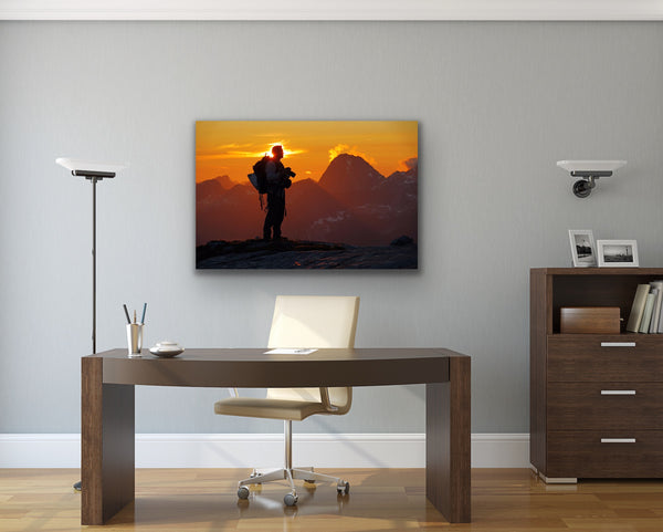 Mountain adventure photography canvas hangs in an office. Artwork by Shel Neufeld, Canadian landscape and nature photographer. 