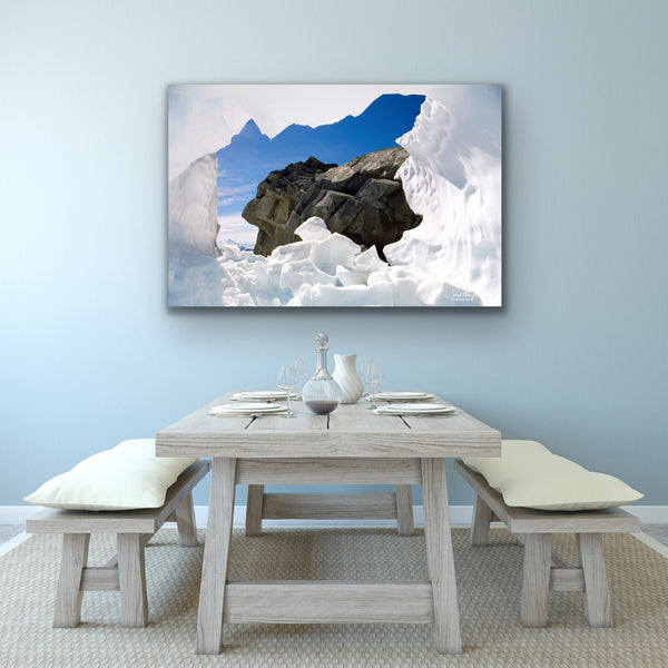 Snow cave photography canvas hangs in a mediterranean style home decor. Photography by Shel Neufeld, Canadian landscape and nature photographer. 