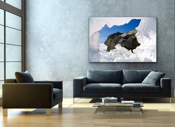 Snow ice cave canvas hangs in a living room. Photography by Shel Neufeld, Canadian landscape and nature photographer. 