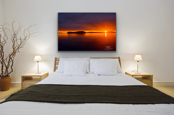 Coastal landscape sunset canvas hangs in a bedroom, above the bed. Artwork by Shel Neufeld, Canadian landscape and nature photographer. 