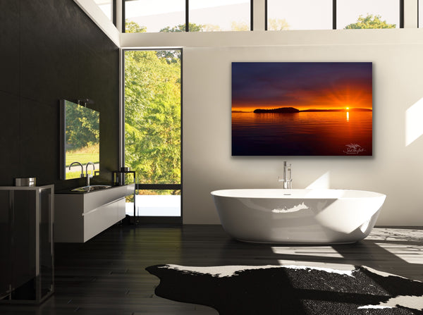 Nautical Sunset landscape canvas hangs in a bathroom above a large white soaker tub. Photography by Shel Neufeld from Roberts Creek, BC, Canada. 