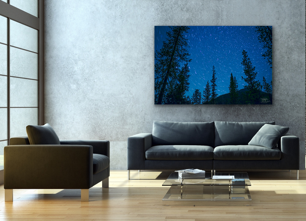 Night Photography Canvas hangs in a living room. Artwork by Shel Neufeld, Canadian landscape and nature photographer. 