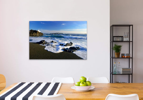 Blue Sky Ocean Waves Landscape Photography Fine Art Print on Dining Room Wall by Canadian nature photographer Shel Neufeld of WildArt Photography  Edit alt text
